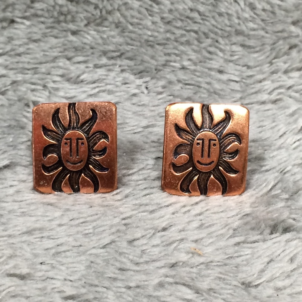 Vintage Copper Tribal Sun Earrings Southwest Design Smiling Sunshine
